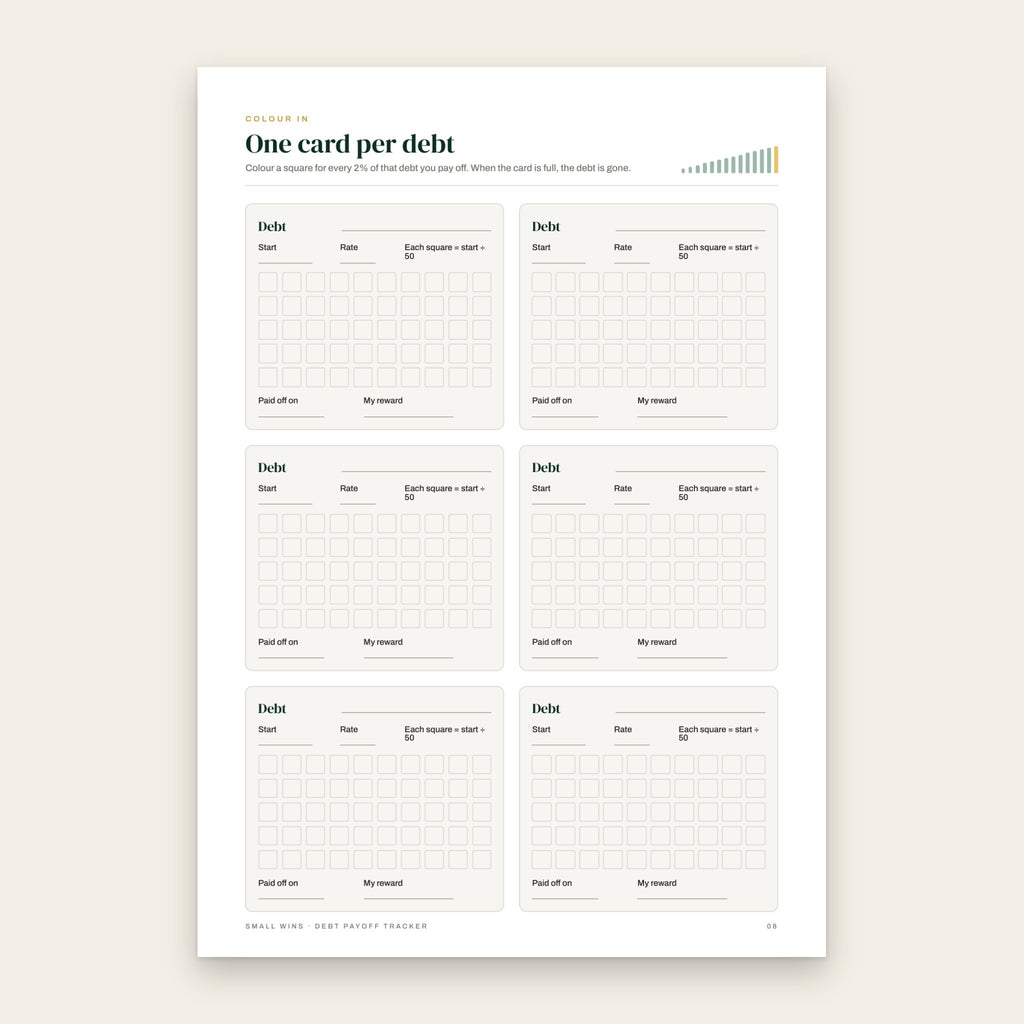 Printable cards, one per debt, with colour-in squares