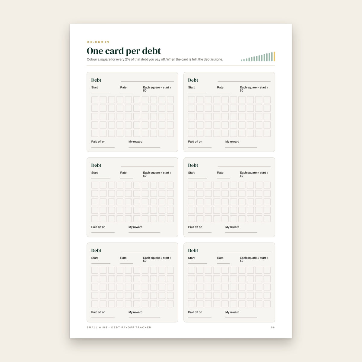 Printable cards, one per debt, with colour-in squares