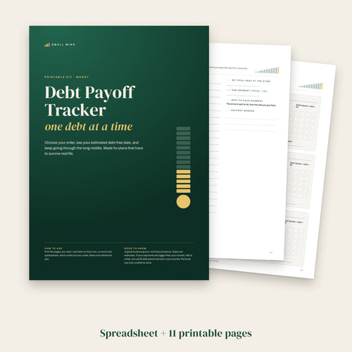 Debt Payoff Tracker cover with printable pages: spreadsheet plus 11 printable pages