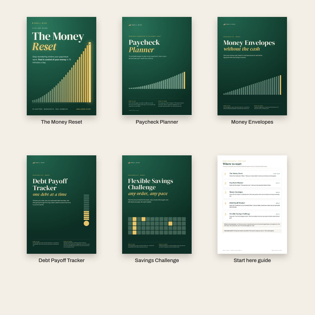 What's inside: The Money Reset, Paycheck Planner, Money Envelopes, Debt Payoff Tracker, Savings Challenge and a Start here guide