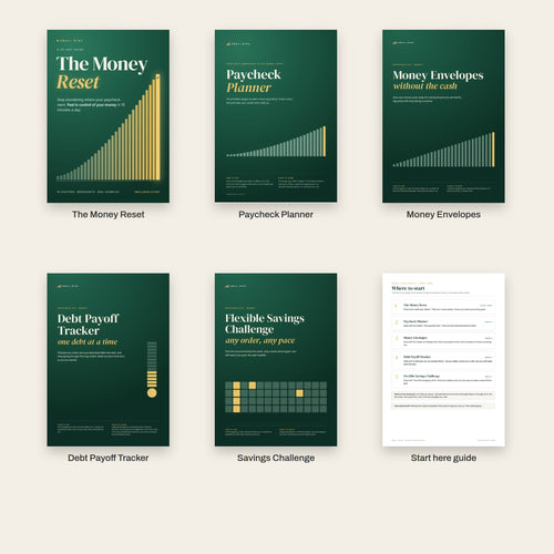 What's inside: The Money Reset, Paycheck Planner, Money Envelopes, Debt Payoff Tracker, Savings Challenge and a Start here guide