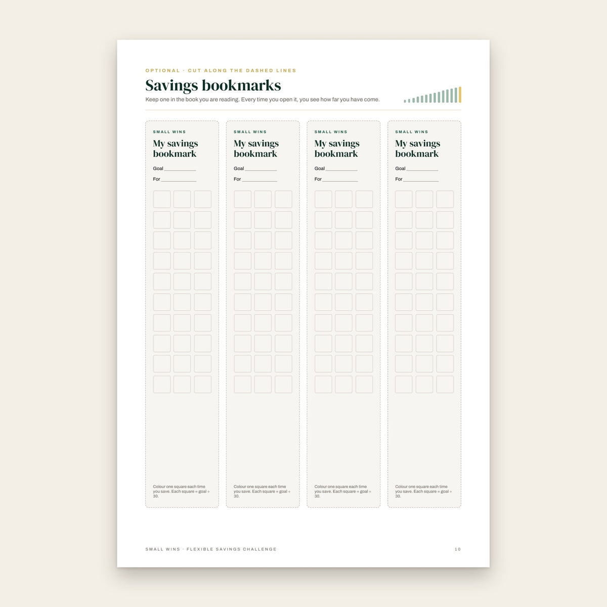 Printable savings bookmarks with colour-in squares