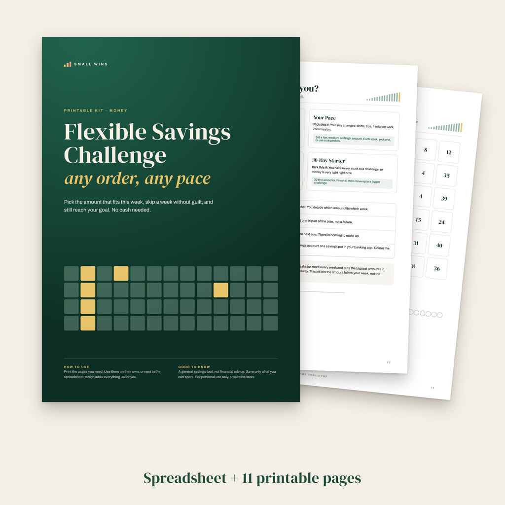 Flexible Savings Challenge cover with printable pages: spreadsheet plus 11 printable pages